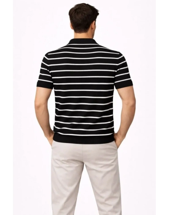 Erkek Triko Polo Yaka Fermuarlı Çizgili Tişört Thirt Yazlık Şık  iyah