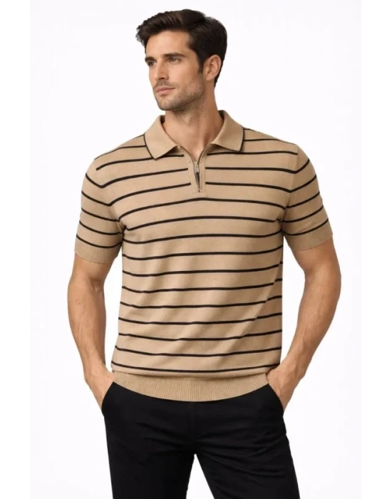 Erkek Triko Polo Yaka Fermuarlı Çizgili Tişört Thirt Yazlık Şık  Kahverengi