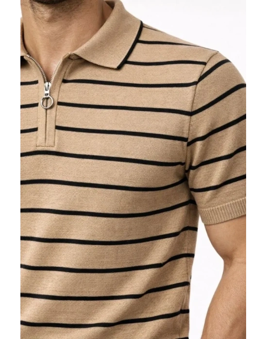 Erkek Triko Polo Yaka Fermuarlı Çizgili Tişört Thirt Yazlık Şık  Kahverengi