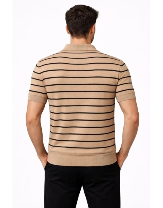 Erkek Triko Polo Yaka Fermuarlı Çizgili Tişört Thirt Yazlık Şık  Kahverengi