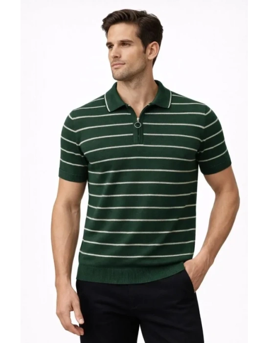 Erkek Triko Polo Yaka Fermuarlı Çizgili Tişört Thirt Yazlık Şık  Yeşil