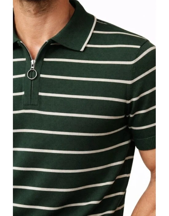Erkek Triko Polo Yaka Fermuarlı Çizgili Tişört Thirt Yazlık Şık  Yeşil