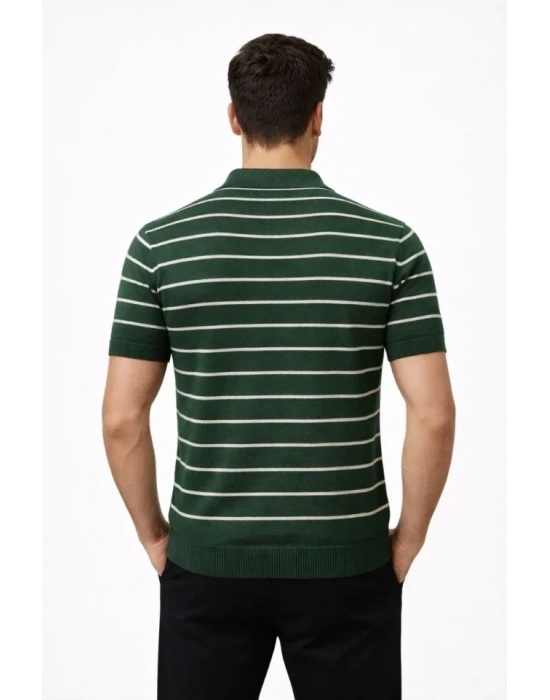 Erkek Triko Polo Yaka Fermuarlı Çizgili Tişört Thirt Yazlık Şık  Yeşil