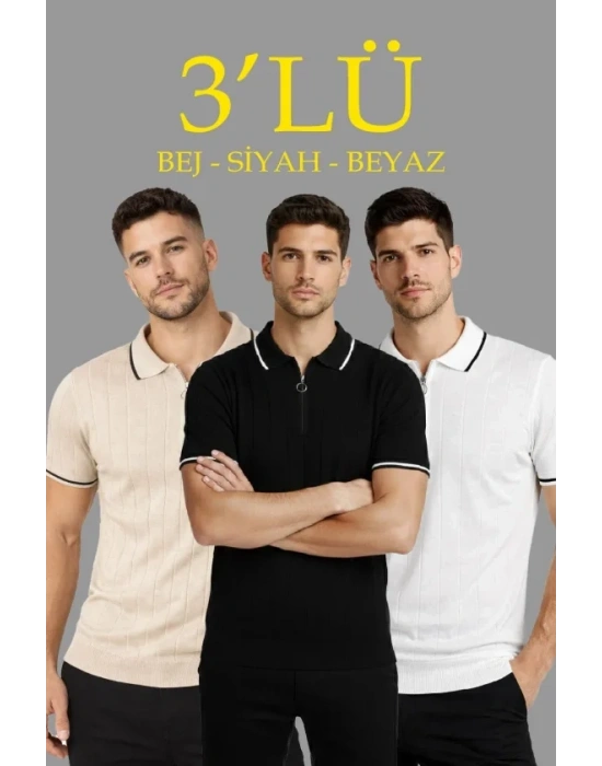 Erkek Triko Tişört Fermuar Yakalı Kısa Kol Thirt 3’lü et BejBeyaziyah
