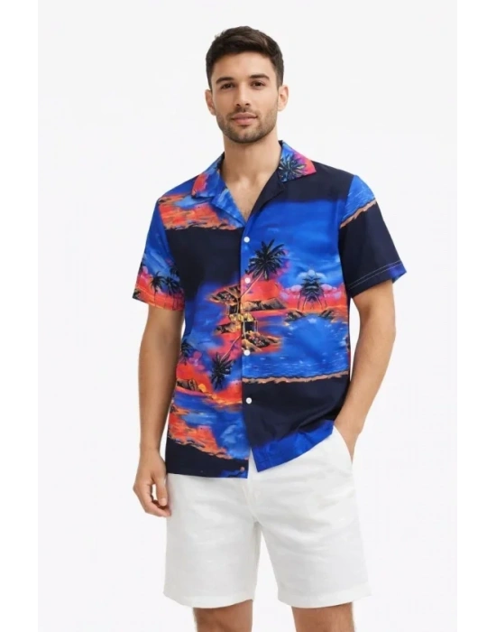 Erkek Tropikal Ada anzara Desenli Kısa Kol Gömlek Hawaii Tarz Yazlık Rahat Kalıp  Desenli