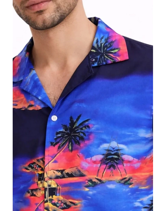 Erkek Tropikal Ada anzara Desenli Kısa Kol Gömlek Hawaii Tarz Yazlık Rahat Kalıp  Desenli
