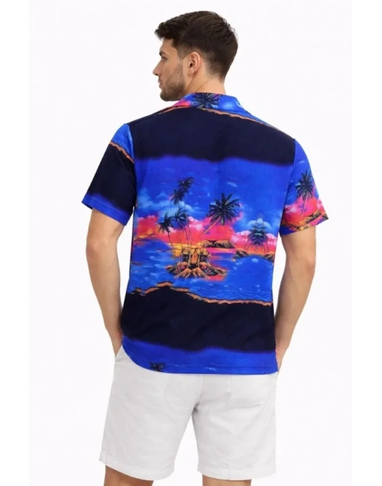 Erkek Tropikal Ada anzara Desenli Kısa Kol Gömlek Hawaii Tarz Yazlık Rahat Kalıp  Desenli