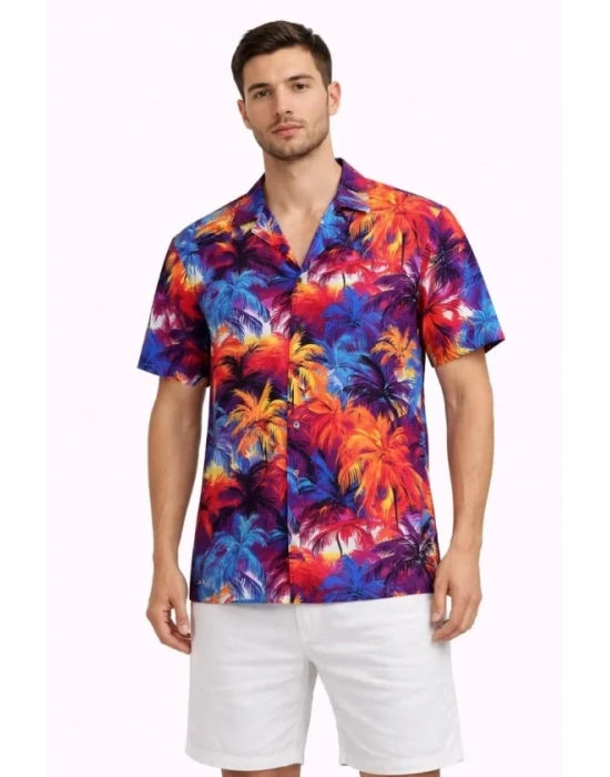 Erkek Tropikal Desenli Kısa Kol Gömlek Rahat Kalıp Yazlık Hawaii Tarz  Desenli