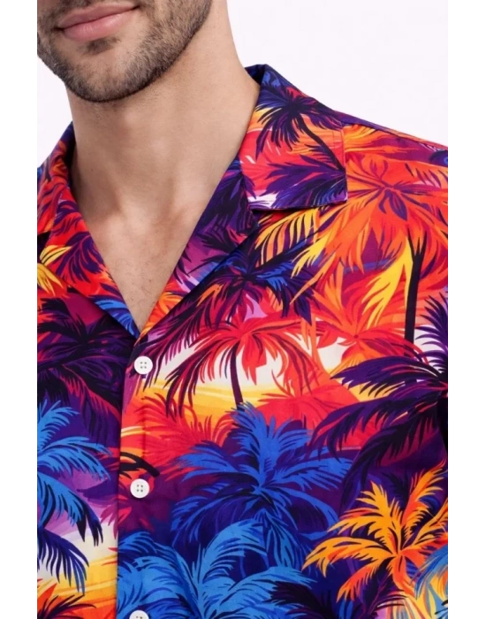 Erkek Tropikal Desenli Kısa Kol Gömlek Rahat Kalıp Yazlık Hawaii Tarz  Desenli