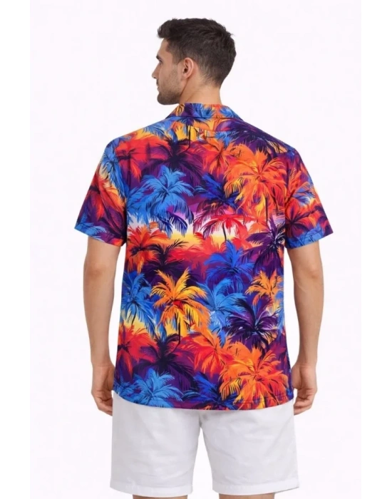 Erkek Tropikal Desenli Kısa Kol Gömlek Rahat Kalıp Yazlık Hawaii Tarz  Desenli