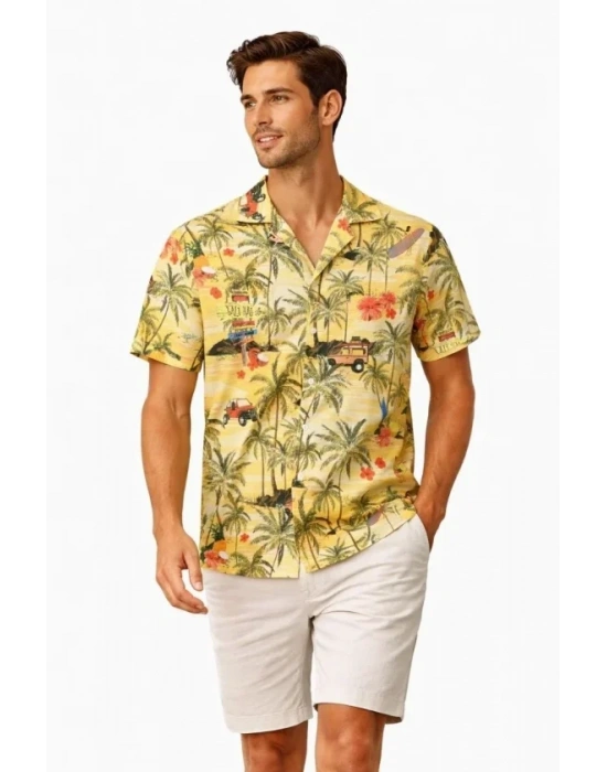 Erkek Tropikal Palmiye Desenli Kısa Kol Gömlek Hawaii Tarz Yazlık Rahat Kalıp  Desenli