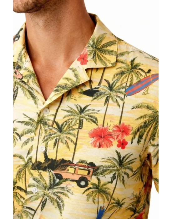 Erkek Tropikal Palmiye Desenli Kısa Kol Gömlek Hawaii Tarz Yazlık Rahat Kalıp  Desenli