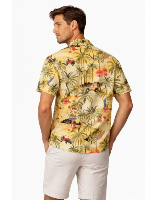 Erkek Tropikal Palmiye Desenli Kısa Kol Gömlek Hawaii Tarz Yazlık Rahat Kalıp  Desenli