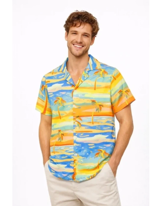 Erkek Tropikal Palmiye Desenli Kısa Kol Gömlek Yazlık Beach Tarz Rahat Kalıp  Desenli