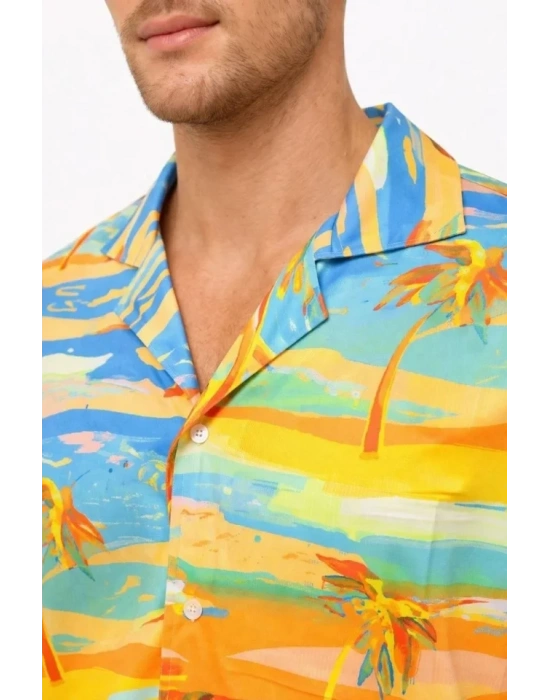 Erkek Tropikal Palmiye Desenli Kısa Kol Gömlek Yazlık Beach Tarz Rahat Kalıp  Desenli