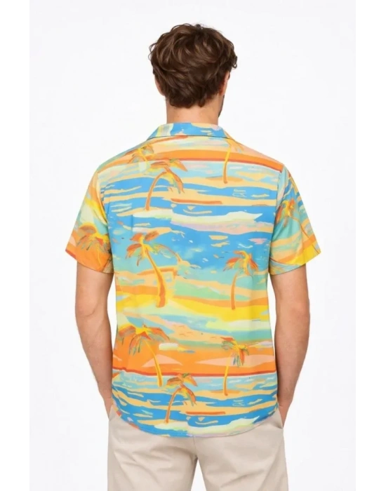 Erkek Tropikal Palmiye Desenli Kısa Kol Gömlek Yazlık Beach Tarz Rahat Kalıp  Desenli