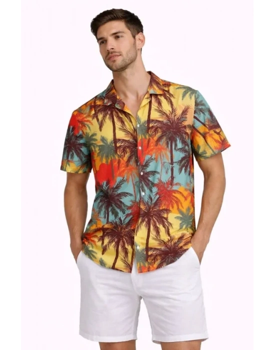 Erkek Tropikal Palmiye Desenli Kısa Kol Gömlek Yazlık Rahat Kalıp Dijital Baskılı  Desenli