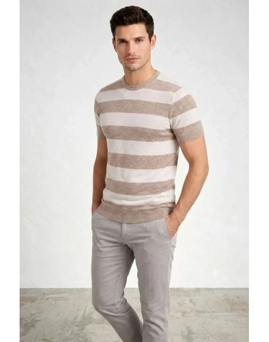 Erkek Tshirt Çizgili Triko Dokuma Bisiklet Yaka Tişört  Bej