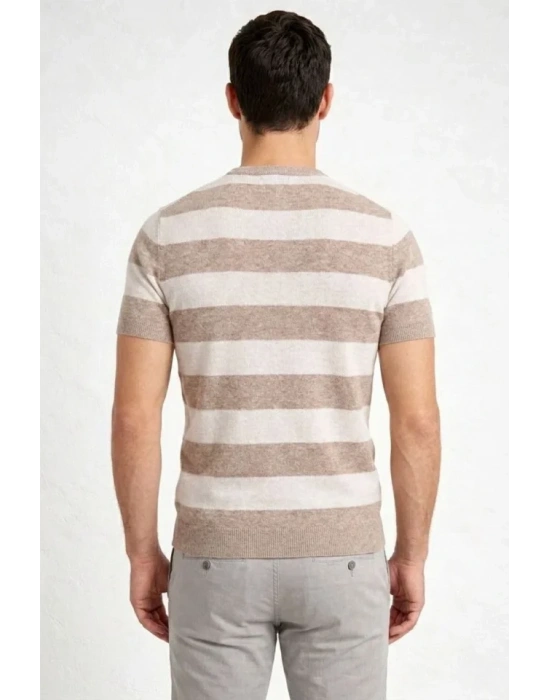 Erkek Tshirt Çizgili Triko Dokuma Bisiklet Yaka Tişört  Bej