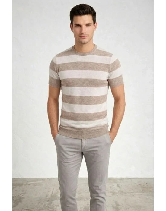 Erkek Tshirt Çizgili Triko Dokuma Bisiklet Yaka Tişört  Bej