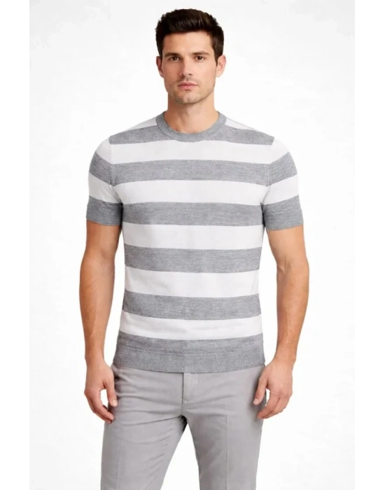 Erkek Tshirt Çizgili Triko Dokuma Bisiklet Yaka Tişört  Gri