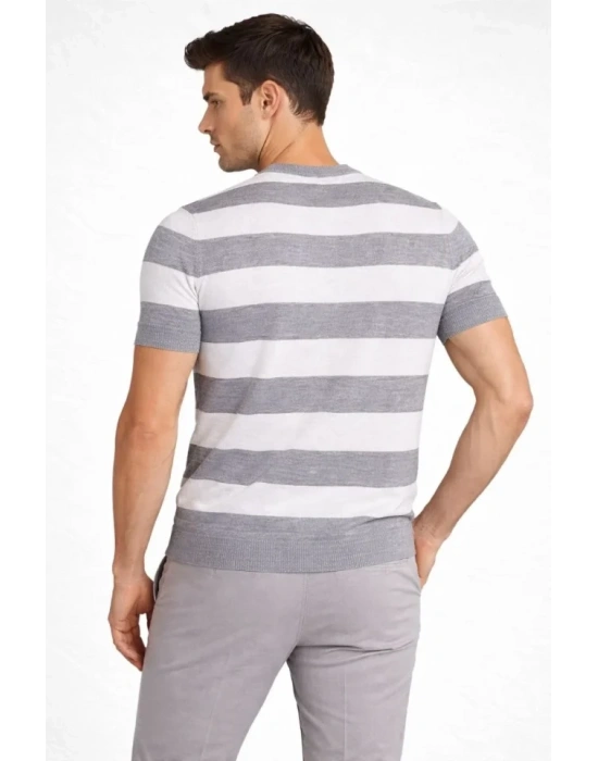 Erkek Tshirt Çizgili Triko Dokuma Bisiklet Yaka Tişört  Gri