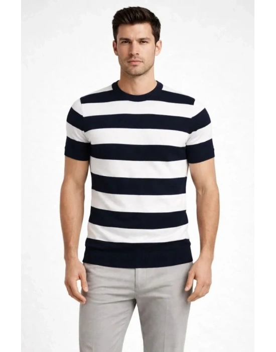 Erkek Tshirt Çizgili Triko Dokuma Bisiklet Yaka Tişört   iyah