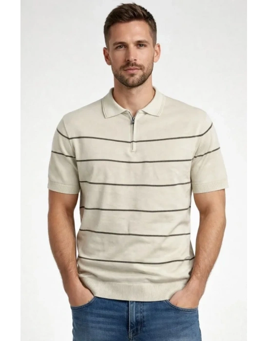 Erkek Tshirt Çizgili Triko Dokuma Kumaş Polo Yaka Yarım Fermuarlı Regular Kalıp Tişört  Bej
