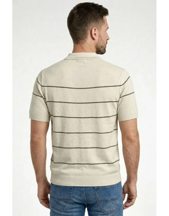 Erkek Tshirt Çizgili Triko Dokuma Kumaş Polo Yaka Yarım Fermuarlı Regular Kalıp Tişört  Bej