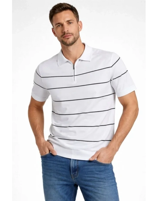 Erkek Tshirt Çizgili Triko Dokuma Kumaş Polo Yaka Yarım Fermuarlı Regular Kalıp Tişört  Beyaz