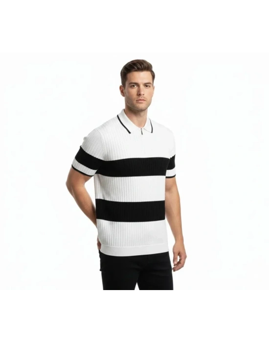 Erkek Tshirt Çizgili Triko Dokuma Kumaş Polo Yaka Yarım Fermuarlı Regular Kalıp Tişört  Beyaz
