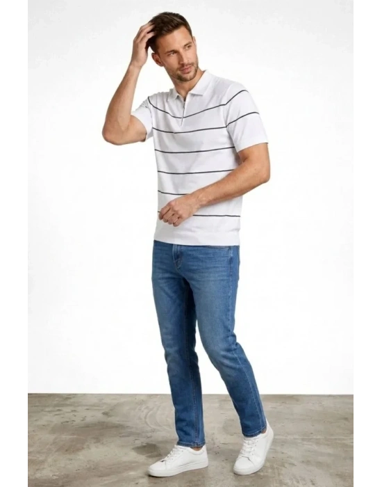 Erkek Tshirt Çizgili Triko Dokuma Kumaş Polo Yaka Yarım Fermuarlı Regular Kalıp Tişört  Beyaz