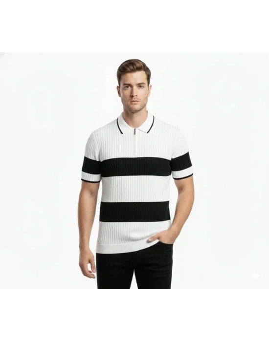 Erkek Tshirt Çizgili Triko Dokuma Kumaş Polo Yaka Yarım Fermuarlı Regular Kalıp Tişört  Beyaz