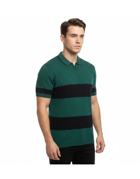 Erkek Tshirt Çizgili Triko Dokuma Kumaş Polo Yaka Yarım Fermuarlı Regular Kalıp Tişört  Çağla Yeşili