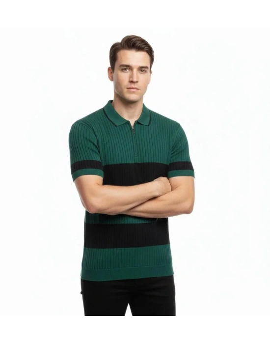 Erkek Tshirt Çizgili Triko Dokuma Kumaş Polo Yaka Yarım Fermuarlı Regular Kalıp Tişört  Çağla Yeşili