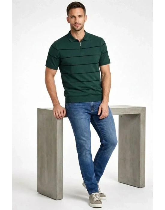 Erkek Tshirt Çizgili Triko Dokuma Kumaş Polo Yaka Yarım Fermuarlı Regular Kalıp Tişört  Çağla Yeşili