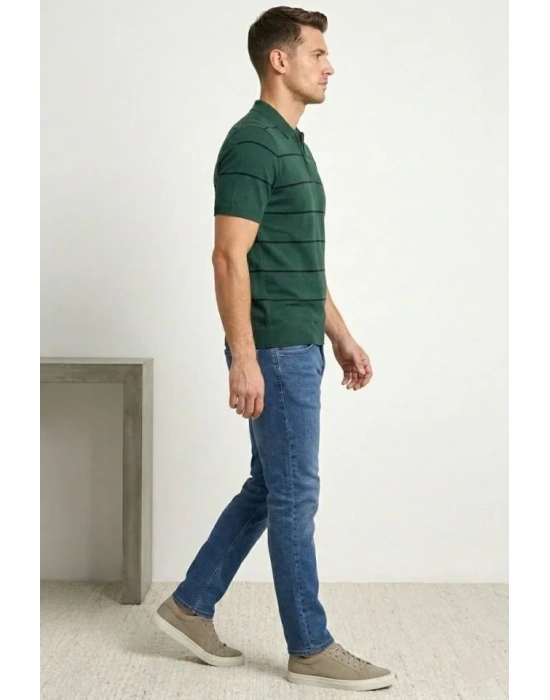 Erkek Tshirt Çizgili Triko Dokuma Kumaş Polo Yaka Yarım Fermuarlı Regular Kalıp Tişört  Çağla Yeşili
