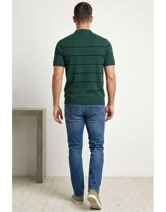 Erkek Tshirt Çizgili Triko Dokuma Kumaş Polo Yaka Yarım Fermuarlı Regular Kalıp Tişört  Çağla Yeşili