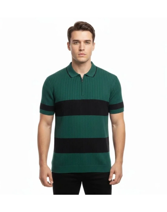Erkek Tshirt Çizgili Triko Dokuma Kumaş Polo Yaka Yarım Fermuarlı Regular Kalıp Tişört  Çağla Yeşili
