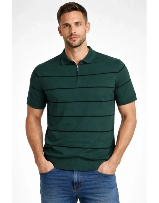 Erkek Tshirt Çizgili Triko Dokuma Kumaş Polo Yaka Yarım Fermuarlı Regular Kalıp Tişört  Çağla Yeşili
