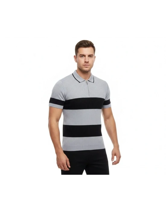 Erkek Tshirt Çizgili Triko Dokuma Kumaş Polo Yaka Yarım Fermuarlı Regular Kalıp Tişört  Gri