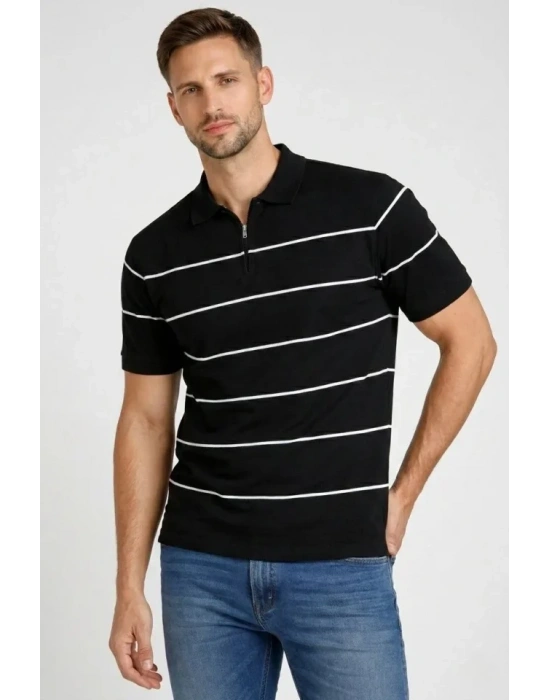 Erkek Tshirt Çizgili Triko Dokuma Kumaş Polo Yaka Yarım Fermuarlı Regular Kalıp Tişört  iyah