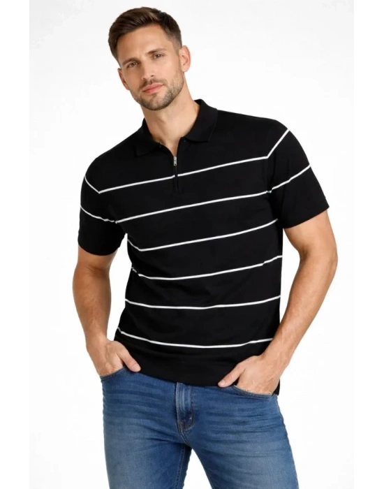 Erkek Tshirt Çizgili Triko Dokuma Kumaş Polo Yaka Yarım Fermuarlı Regular Kalıp Tişört  iyah