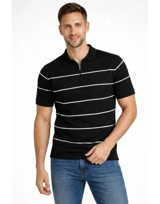 Erkek Tshirt Çizgili Triko Dokuma Kumaş Polo Yaka Yarım Fermuarlı Regular Kalıp Tişört  iyah