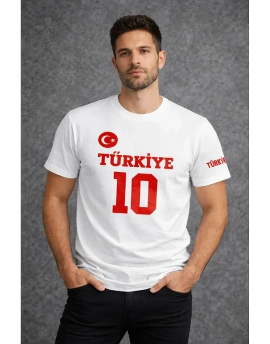 Erkek TÜRKİYE Ay Yıldız Baskılı 10 Numara Forma Tişört Taraftar Thirt  Beyaz