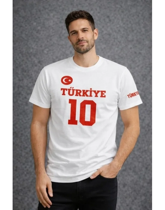 Erkek TÜRKİYE Ay Yıldız Baskılı 10 Numara Forma Tişört Taraftar Thirt  Beyaz