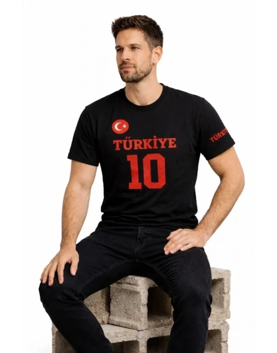 Erkek TÜRKİYE Ay Yıldız Baskılı 10 Numara Forma Tişört Taraftar Thirt  iyah