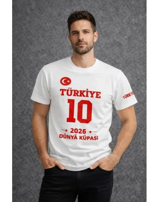 Erkek TÜRKİYE Baskılı Tişört 2026 Dünya Kupası Taraftar Forma Thirt  Beyaz