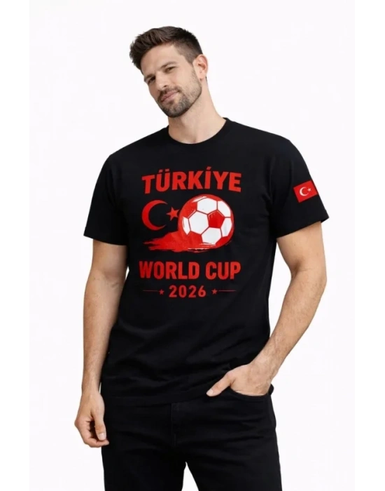 Erkek Türkiye World Cup 2026 Baskılı Tişört Futbol Temalı Forma Thirt  iyah