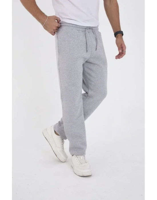Erkek Üç İplik Basic Eşofman Boru Paça İpli Pantolon  Gri
